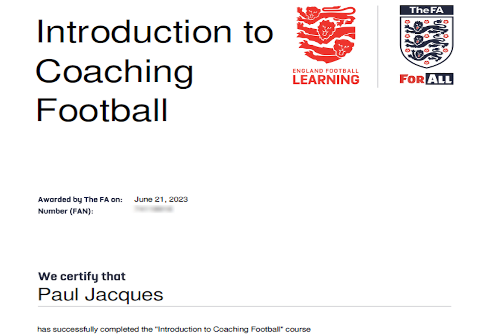 Introduction to coaching football certificate screenshot
